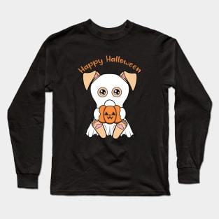 Happy Halloween Cute ghost dog, Kawaii black dog with pumpkin Long Sleeve T-Shirt